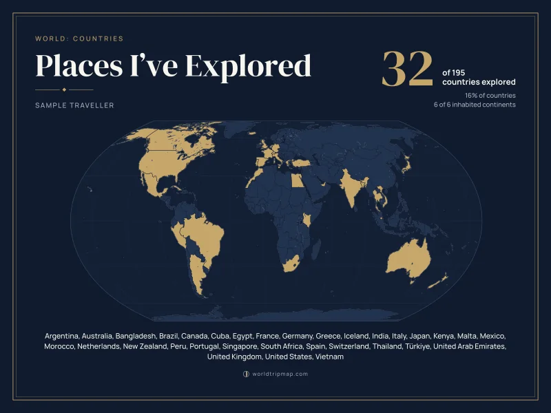 Example travel poster: Midnight Atlas, the world, as a wide print. Sample data.